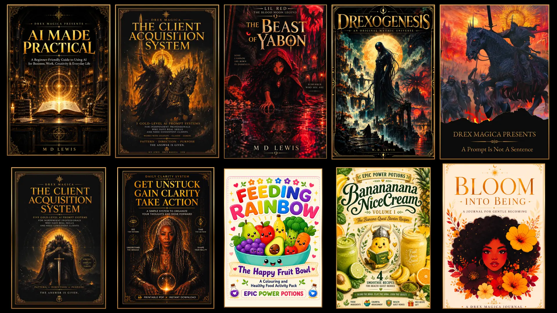 A grid of ten book covers published under M D Lewis and Drex Magica